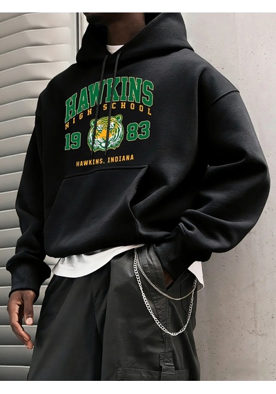 Startmore Tarzsokak Hawkins Lisesi 1983 Baskılı Erkek Hoody Moda Sıcak Kapüşonlular Polar Hip Hop Spor Giyim Cep Siyah