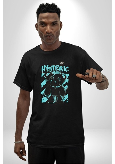 Histerik Pamuklu Bisiklet Yaka Unisex Oversize Boyfriend Dijital Baskılı Siyah T-shirt Siyah