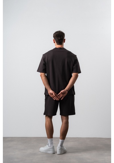 Erkek Nakış Detaylı Regular Fit T-shirt Şort Takım Kahve Kahverengi