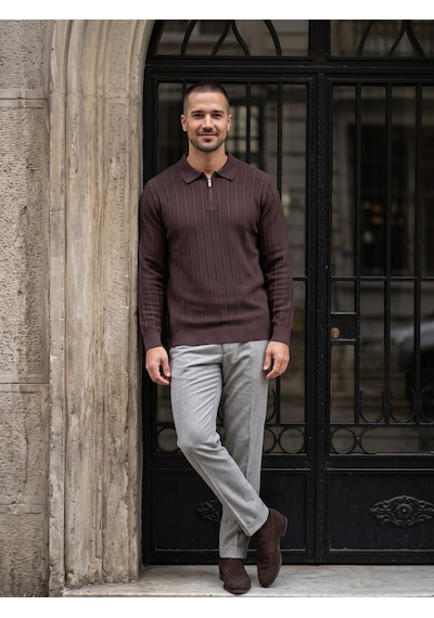 Maccali Erkek Koyu Kahve Fitil Detaylı Fermuarlı Polo Yaka Triko Sweatshirt