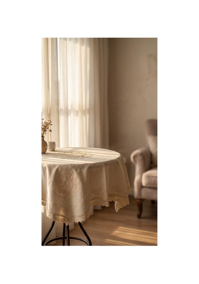 Buldan Ham Keten Üzerine El Danteli İle İşlenmiş 86x86 %100 Pamuk Fiskos Masa Örtüsü Bej - 866358042 Bej