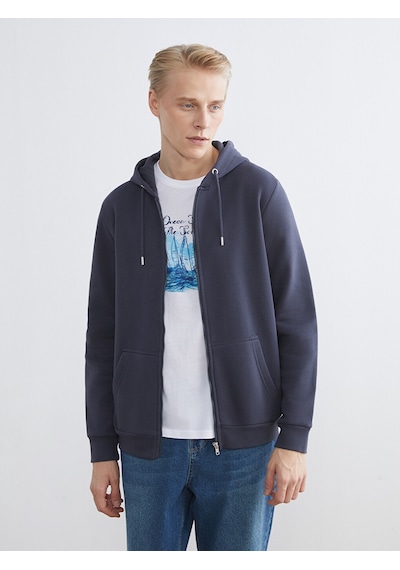 Lcwaıkıkı Classic İndigo Kapüşonlu Uzun Kollu Erkek Fermuarlı Sweatshirt