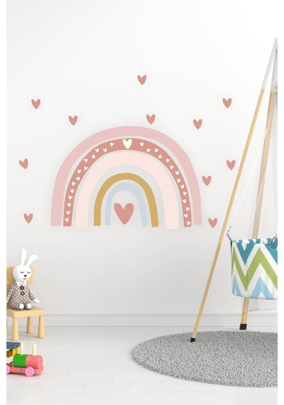 MSticker Pastel Tonlarda Gökkuşağı Ve Kalpler Çocuk Odası Duvar Sticker