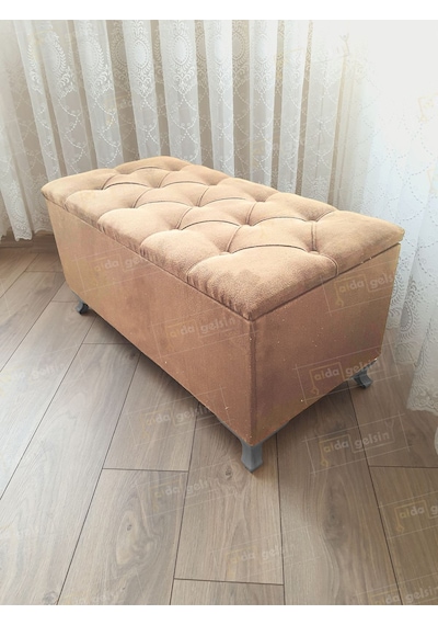 Lüks Sandıklı Kapitoneli Ayakucu Puf Bench 100 Cm Gümüş Ayak Laci