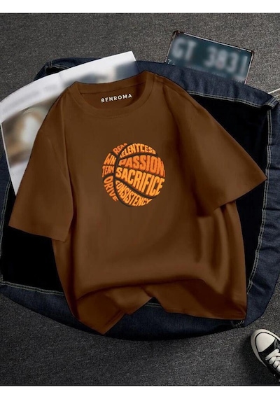 Oversıze Basketbol Topu Baskılı Unısex Tisort Baskılı Kahverengi