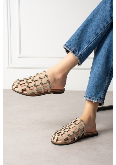 Shoetek Livya Kadın Terlik Pimli Bej Süet