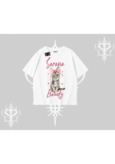 Tarzsokak Serene Beauty Kedi Baskılı Oversize Tshirt Beyaz