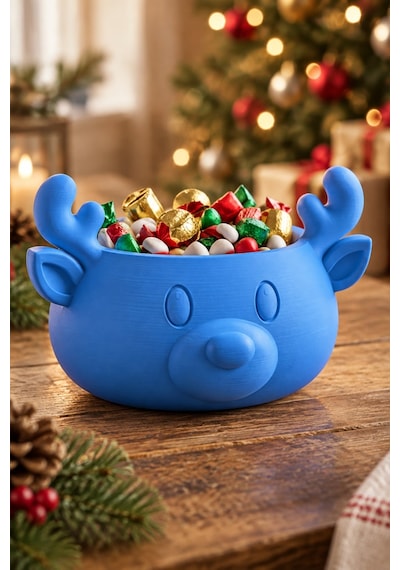 Sonbahar Ve Noel Temalı Ren Geyiği Figürlü Bowl - Sunum Kabı Mavi