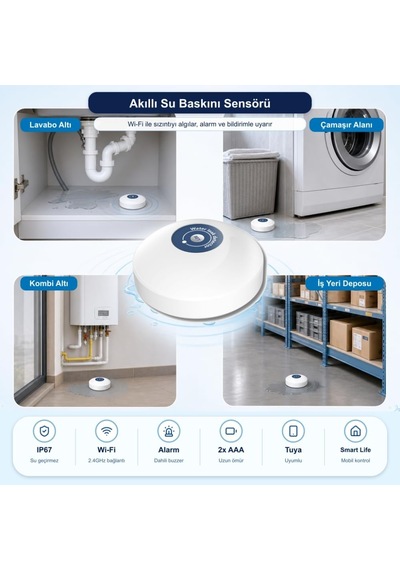 Tr Wifi Su Baskını Sensörü - Dahili Alarmlı Tuya, Smart Life Uyumlu