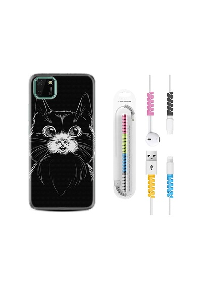 Huawei Y5P Kılıf Kablo Koruyuculu Komik Kedi 1863
