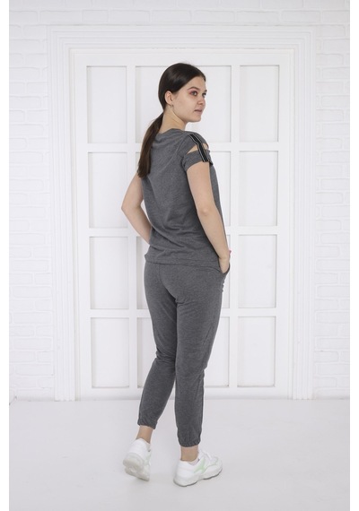 Kadın Spor G3 Melanj Alt-üst T-shirt Takım-3937 - M Koyu Gri Melanj