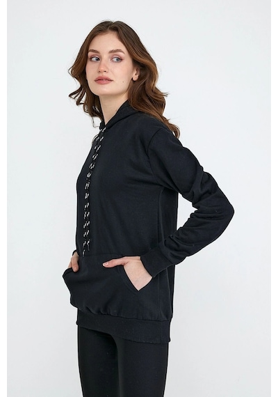 Startmore Kadın Beyaz Kapüşonlu Kanguru Cep Sweatshirt Siyah