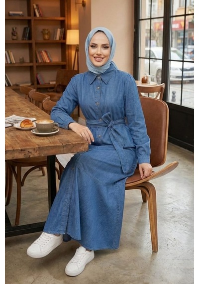 Hb Harma Time Butik Kadın Düğmeli Kuşaklı Koyu Kot Mavi Elbise Koyu Mavi
