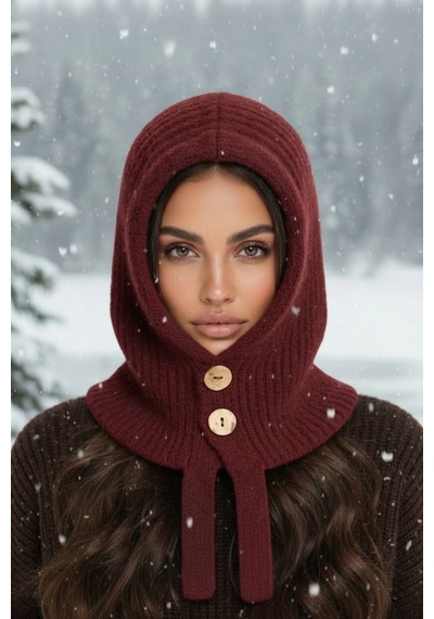 Givoria Kadın Bordo Düğmeli Yün Örgü Balaclava Bere Kapüşonlu Boyunluk Kadın Şapka Bordo Bordo