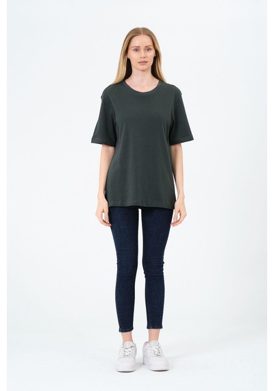Kadın Bisiklet Yaka Kısa Kollu Basic T-shirt - İnterlok Kumaş Kahverengi