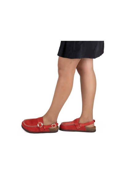 Kadın Hakiki Süet Deri 4,5cm Topuklu Rahat Kalıp Günlük Sandalet Nar Çiçeği