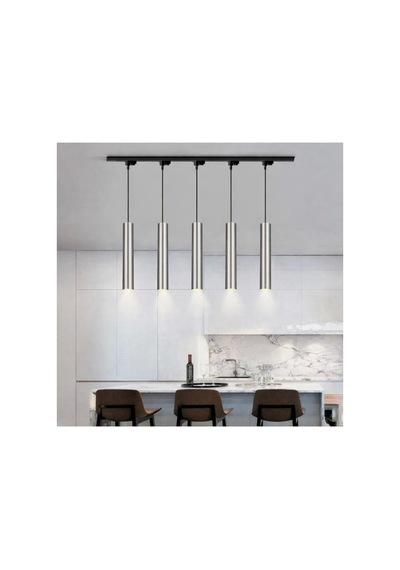 Gu10 5 Li 1 Metre Alüminyum Ray Spot İnox Kaplama Os Ram Led Ampül Masaüstü Beşli Sarkıt Avize Siyah