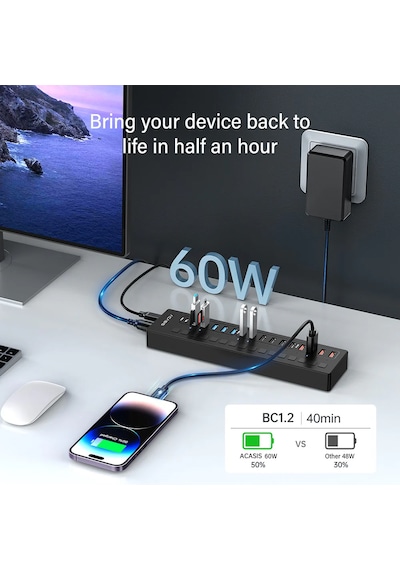 Acasis Ds516pb - 16 Port 5gbps Usb-a 3.0, Usb 2.0, Type-c 3.0, Akıllı Şarj Portu, Alüminyum Kasa, 60w Güç Adaptörlü, Led Işıklı, Usb / Type-c Çoklayıcı , Akıllı Şarj Hub Ds-516pb