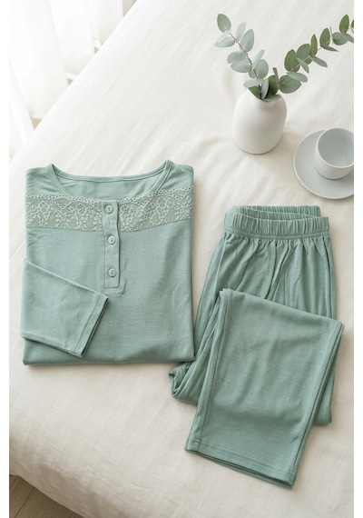 Mataş Kadın Dantelli Bambu Viskon Uzun Kollu Mevsimlik Soft Örme Yumuşak Pijama Takımı Yeşil