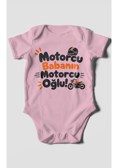 Morivokids Motorcu Babanın Motorcu Oğlu Kısa Kollu Bebek Body %100 Pamuk Koyu Pembe