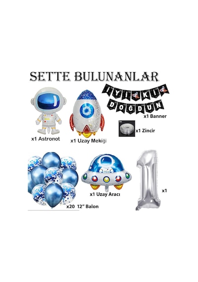 Uzay Konsepti 1 Yaş Doğum Günü Parti Kutlama Seti  Astronot, Ufo Ve Uzay Gemisi Folyo Balon Set