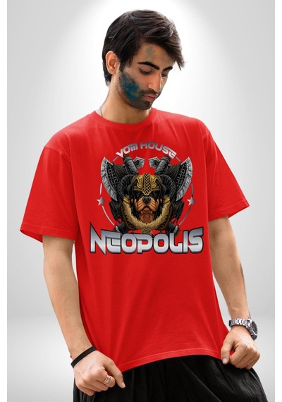 Neopolis Rottweiler Viking Pamuklu Bisiklet Yaka Unisex Oversize Boyfriend Dijital Baskılı Kırmızı T-shirt Kırmızı