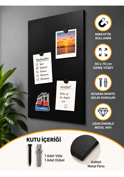 Mooly Siyah Manyetik Metal Pano 50x70 Cm, Dekoratif Fotoğraf Ve Not Panosu