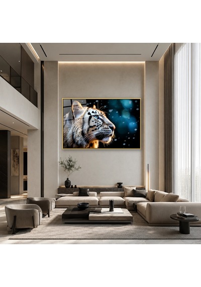 Bokeh Işıklı Beyaz Kaplan Profili Gold Çerçeveli Cam Tablo