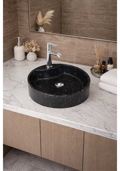 Mermer Desenli Tezgah Üstü Yuvarlak Çanak Taş Lavabo 45 Cm Musluk Delikli Siyah