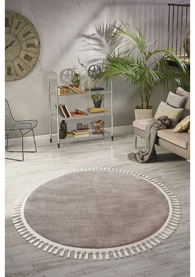 Vl Oval Comfort Ponpon Saçaklı Peluş Post Yolluk Kahverengi Kahverengi Ponpon Saçaklı Daire