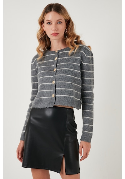 Lela Standart Fit Çizgili Yumuşak Dokulu Crop Triko Bayan Hırka 4615551 Gri