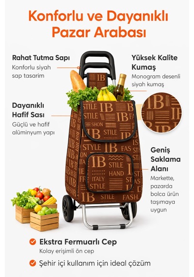 Katlanabilir Pazar Arabası Tekerlekli Market Arabası Geniş Hacimli Fermuarlı Cepli Alışveriş Arabası Kahverengi