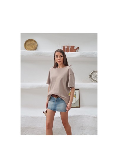 Paw Garage Kadın Mia İnterlok Kumaş Bisiklet Yaka Oversize T-shirt Vizon