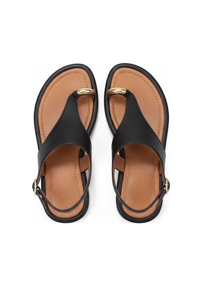 Ne&ve Shoes Siyah Hakiki Deri Aksesuar Detaylı Parmak Arası Kadın Arkadan Tokalı Sandalet