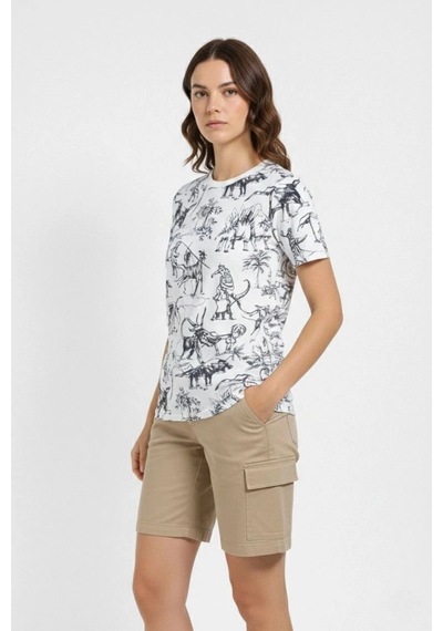 Freedom Storee Kadın Dinozor Dijıtal Ön Ve Arka Baskılı Tişört Bisiklet Yaka T-shirt - Beyaz Çok Renkli