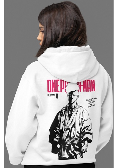 Sevbano Tasarım One Punch Man Anime Sırt Baskılı Unisex Oversize Penye Ho beyaz
