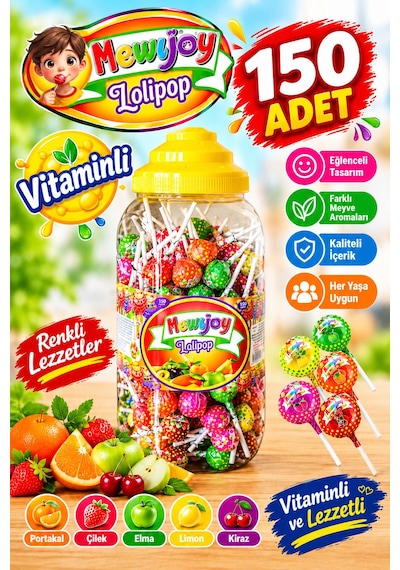 Mevyjoy Meyve Aromalı Lolipop Şeker 10g X 150 Adet