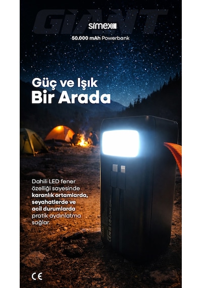 Simex 50.000 mAh 22.5W PD Hızlı Şarj Kablolu Powerbank Dijital Göstergeli Fenerli Taşınabilir Kamp Cihazı