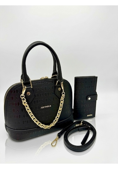 Just Polo Kadın Zincir Detaylı Lüks El & Omuz Çantası Ve Cüzdanı Kombin Shopper Ebat : 25x22 Cm Siyah