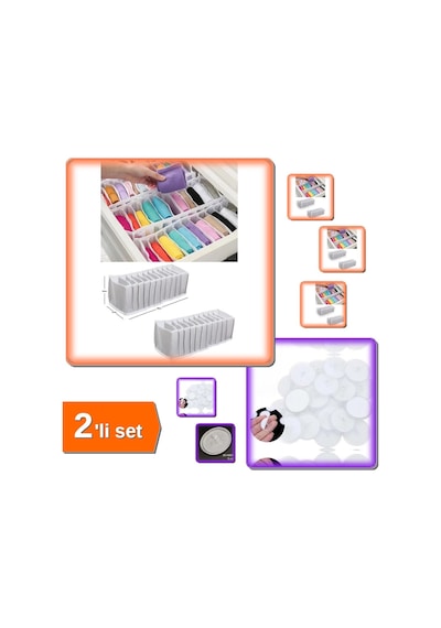 10 Gözlü M Beden Akordiyon Çekmece Düzenleyici + 20 Adet Şeffaf 3 Cm Çaplı Yapışkan - 2li Set S2f8y6 Belirtilmemiş