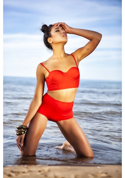 Zi Kırmızı Yüksek Bel Bikini Alt Üst Takım