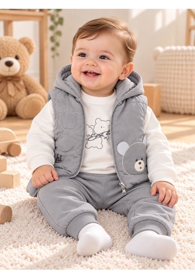 Baby Hi Erkek Ayı Desenli Erkek Üçlü Takım 6-18 Aylık -dü919450 - Gri