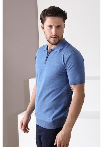 Ferraro A.Havacı Polo Yaka Fermuarlı Erkek Pamuk Triko T-Shirt-Mavi