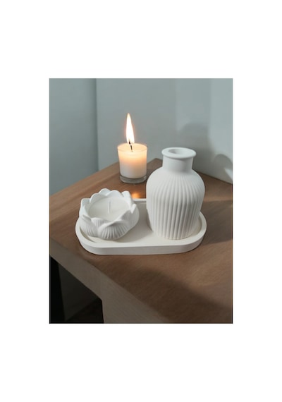 Buççin Online Mağaza Dekoratif Seramik Lotus Çiçeği Mum Seti Şık Vazo Ve Sunum Tepsili Lavanta Kokulu Lavanta Beyaz