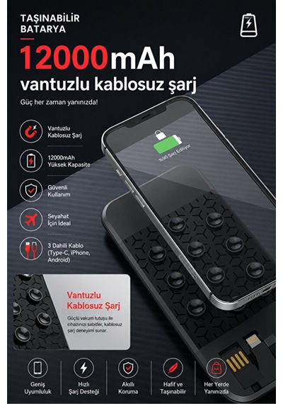 Powerbank 12.000 Mah Wireless Standlı Magsafe Li Vantuzlu Dahili Çoklu Kablo 4in1 Kablolu Ve Kablosuz Siyah - 926788051 Siyah Powerbank 12.000 Mah Wireless Standlı Magsafe Li Vantuzlu Dahili Çoklu Kablo 4in1 Kablolu Ve Kablosuz Siyah - 926788051 Siyah