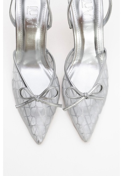 Luvishoes Luvi Shoes Peony Gümüş Fileli Fiyonklu Sivri Burun Kadın Topuklu Ayakkabı Gümüş