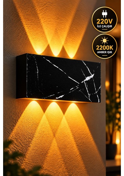 Siyah Beyaz Mermer Desenli 12w 2200k Amber Işıklı 3 Gözlü Yukarı Aşağı Dekoratif Duvar Apliği 16 Cm Amber Işık