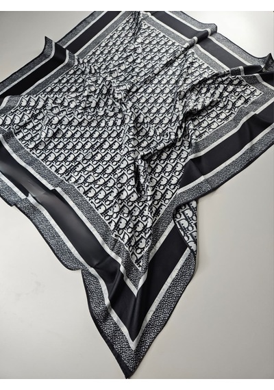 Miorel Scarfs Harf Tema Çift Taraflı Vual İpek Eşarp Silk Scarf Hijab Aksesuar Fular Siyah