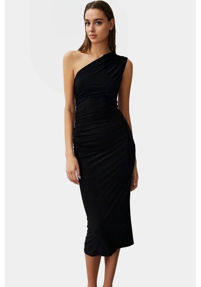 Ersefa Bodycon Midi Elbise Kolsuz Tek Omuz Örme Kumaş Günlük Şık Dayanık Siyah