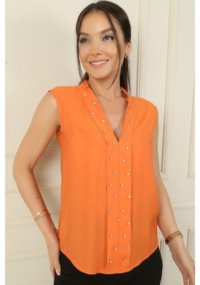 By Saygı V Yaka Taş Detaylı Bluz Oranj